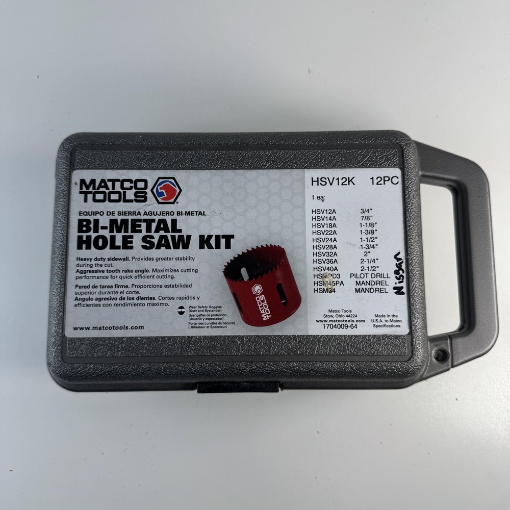 Matco Tools HSV12K Bi-Metal Hole Saw Kit 12pc Steel Drill Bits Gray Case Arbor
